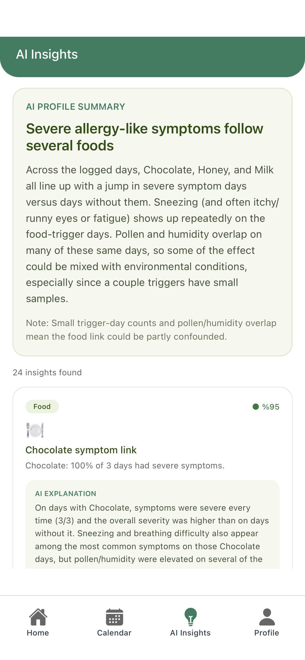 AllergyMemory KI-Insights mit Zusammenhängen zwischen Lebensmitteln, Pollen und Symptomen