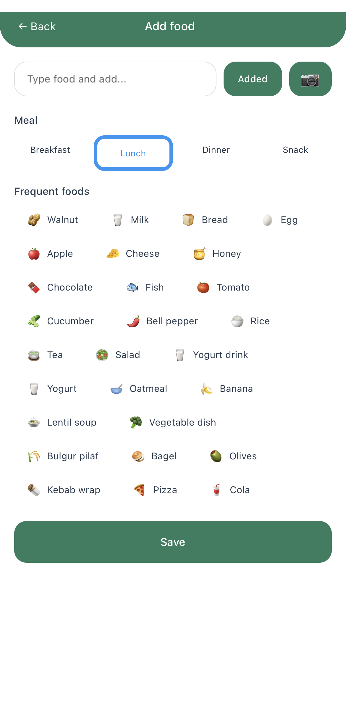 AllergyMemory Screen zum Erfassen von Mahlzeiten, Portionen und Notizen