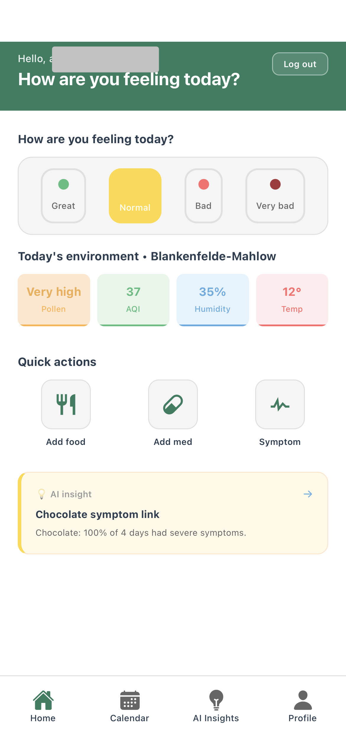 AllergyMemory Home-Screen mit Tagesüberblick, Symptomen und Umweltkontext