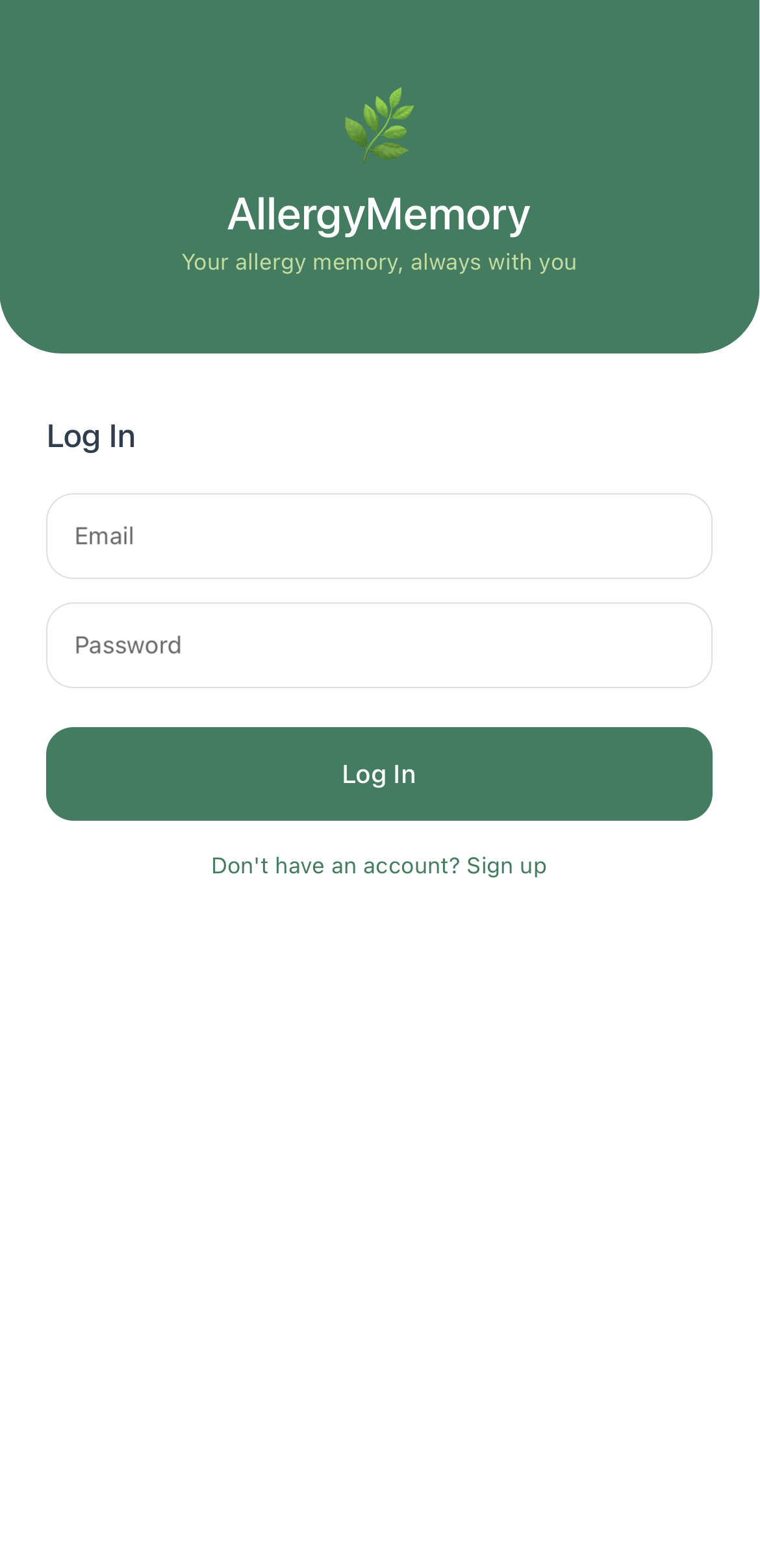 AllergyMemory Login-Screen für schnellen Einstieg in die App