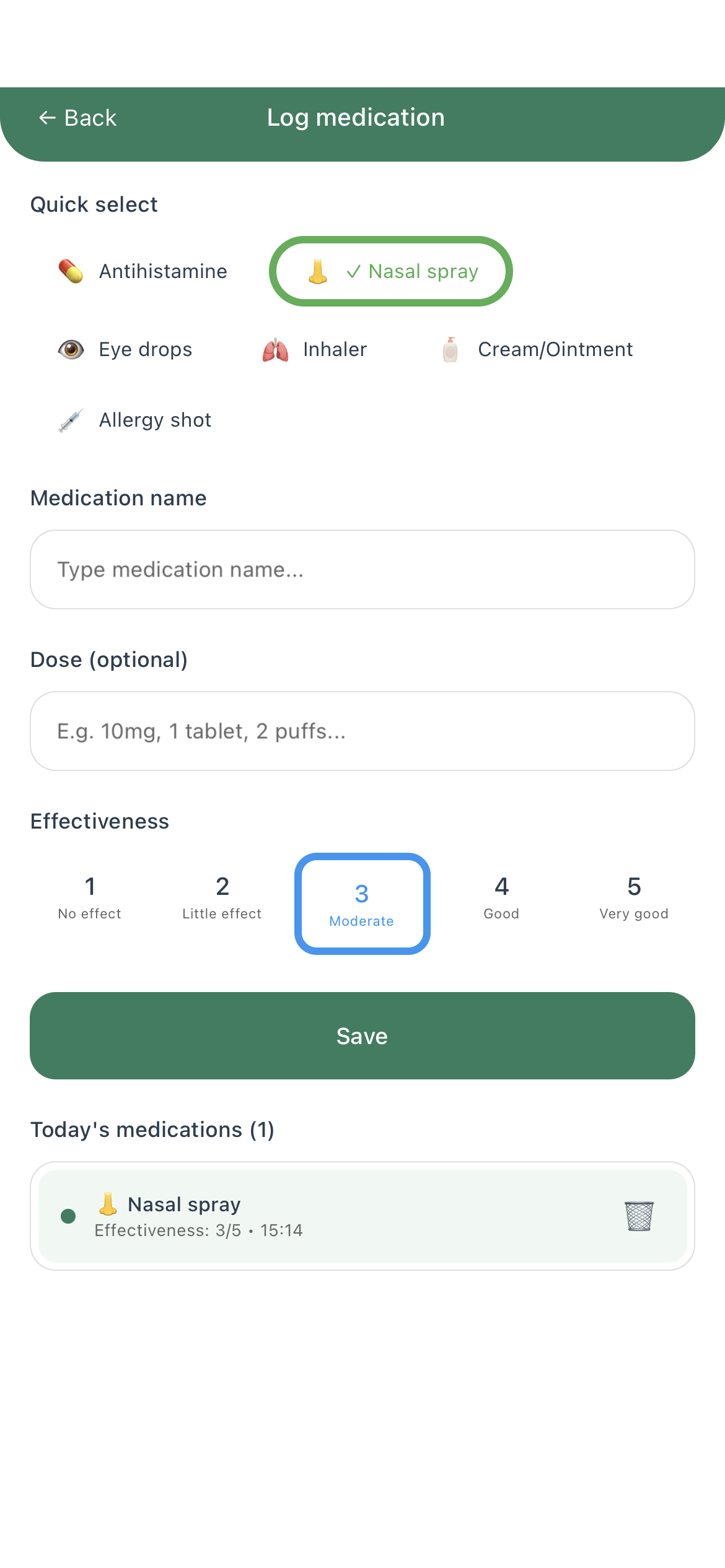 AllergyMemory Medikamenten-Screen für Behandlungen und Dosierungen