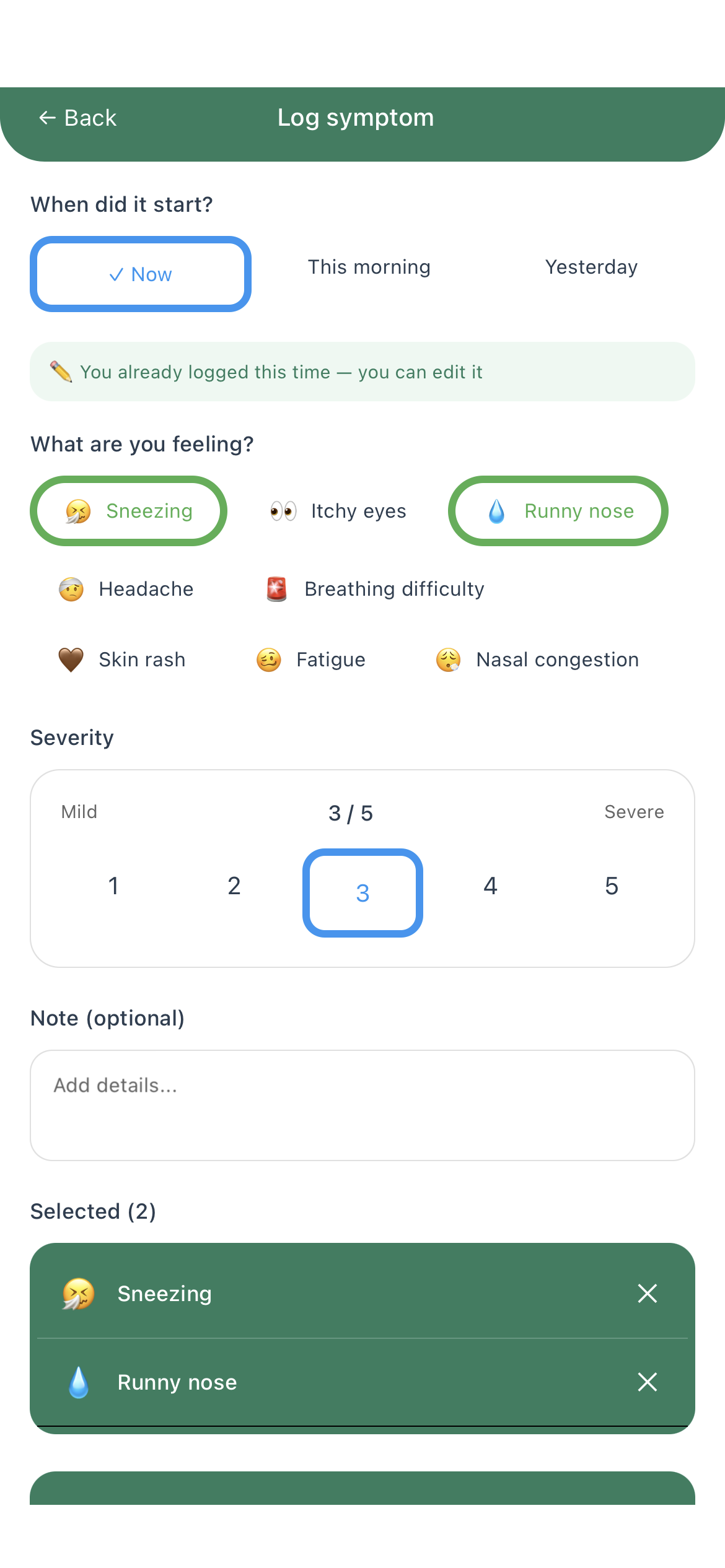 AllergyMemory Symptom-Screen mit Schweregrad und Zeitangaben