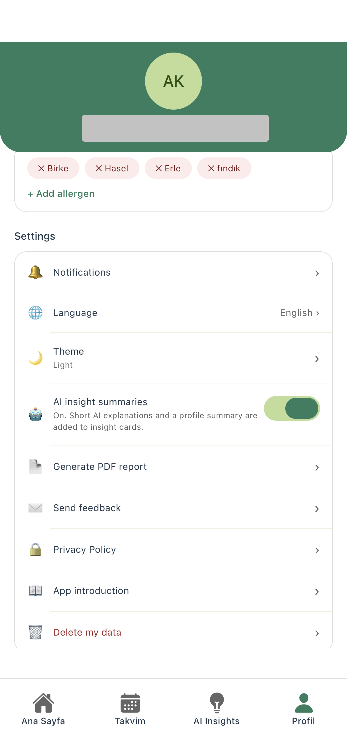 AllergyMemory Profil-Screen mit Präferenzen und Allergieprofil