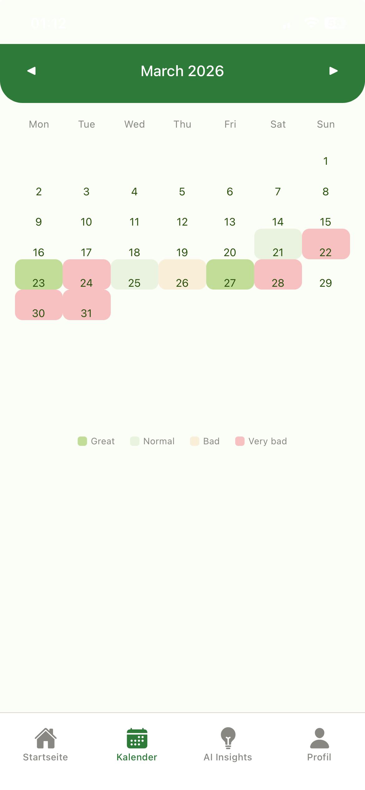 AllergyMemory calendar view with allergy history and daily tracking entries