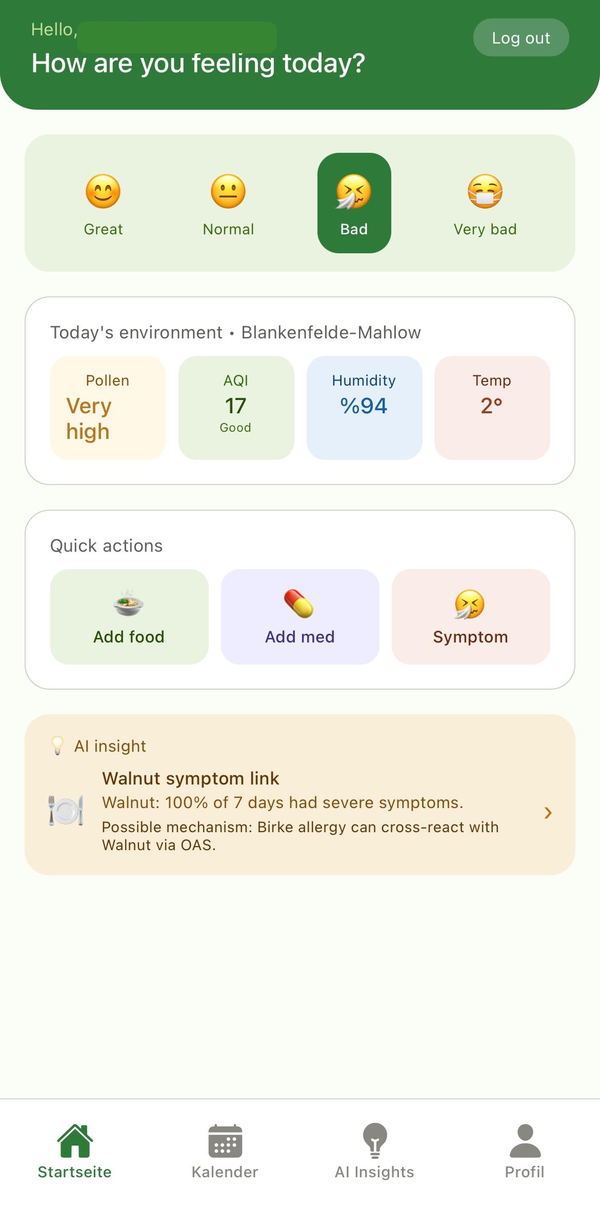 AllergyMemory home screen showing food, symptoms, and environmental data