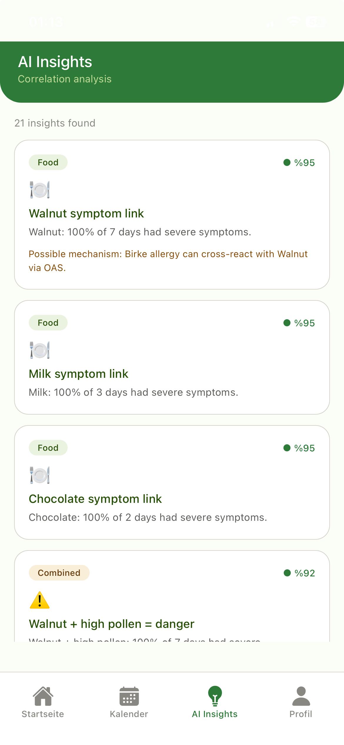AllergyMemory AI insights screen with food and pollen correlations