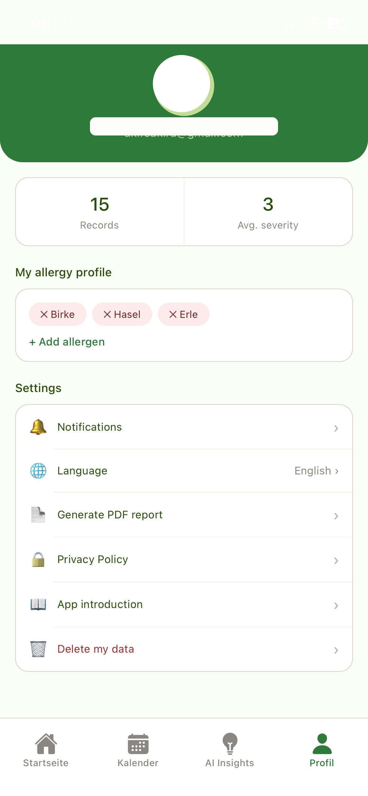 AllergyMemory user profile screen with settings and allergy history